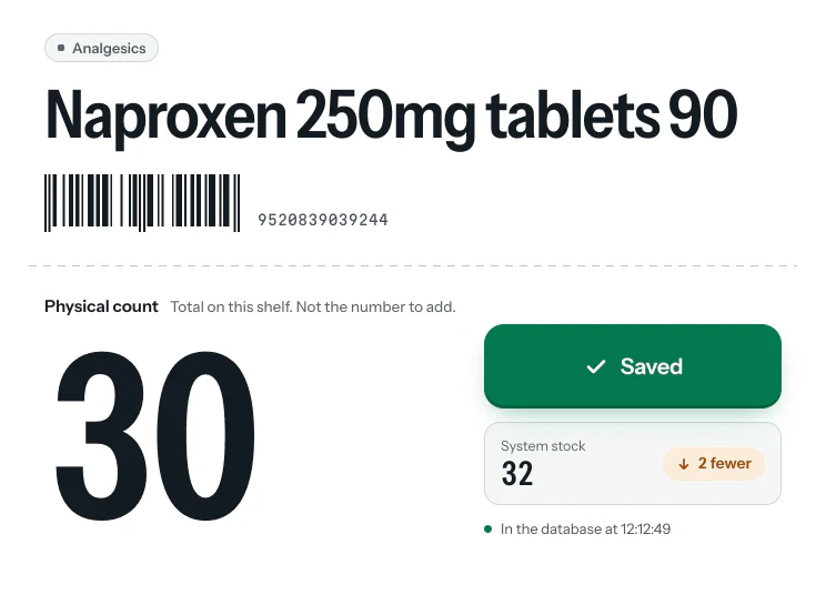 Count screen of the app: a product counted at 30, a green Saved button, and the system stock of 32 shown after saving, 2 fewer.