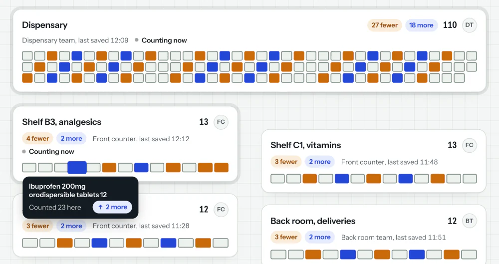 The live map in the app: one block per area with a small square for each product, hollow for same, blue for more, amber for fewer, and the details of one product on hover.